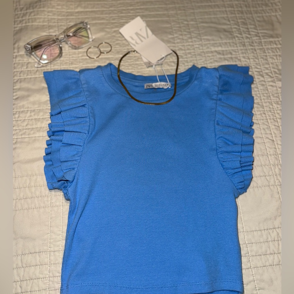 Zara Ruffled Ribbed shit BLUE